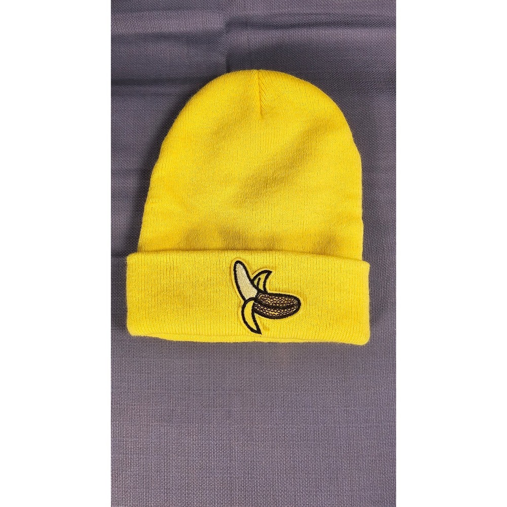 Yellow Banana Embroidered quirky Knit Beanie Cuffed Watch Cap Acrylic Hat